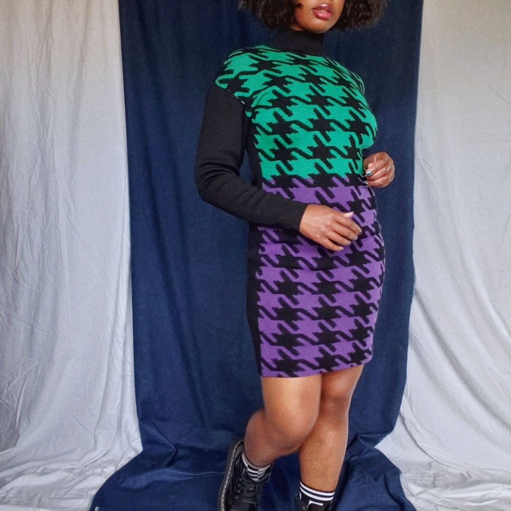 Vintage Charles Jourdan Paris Green Purple Black Color Block Wool Bodycon